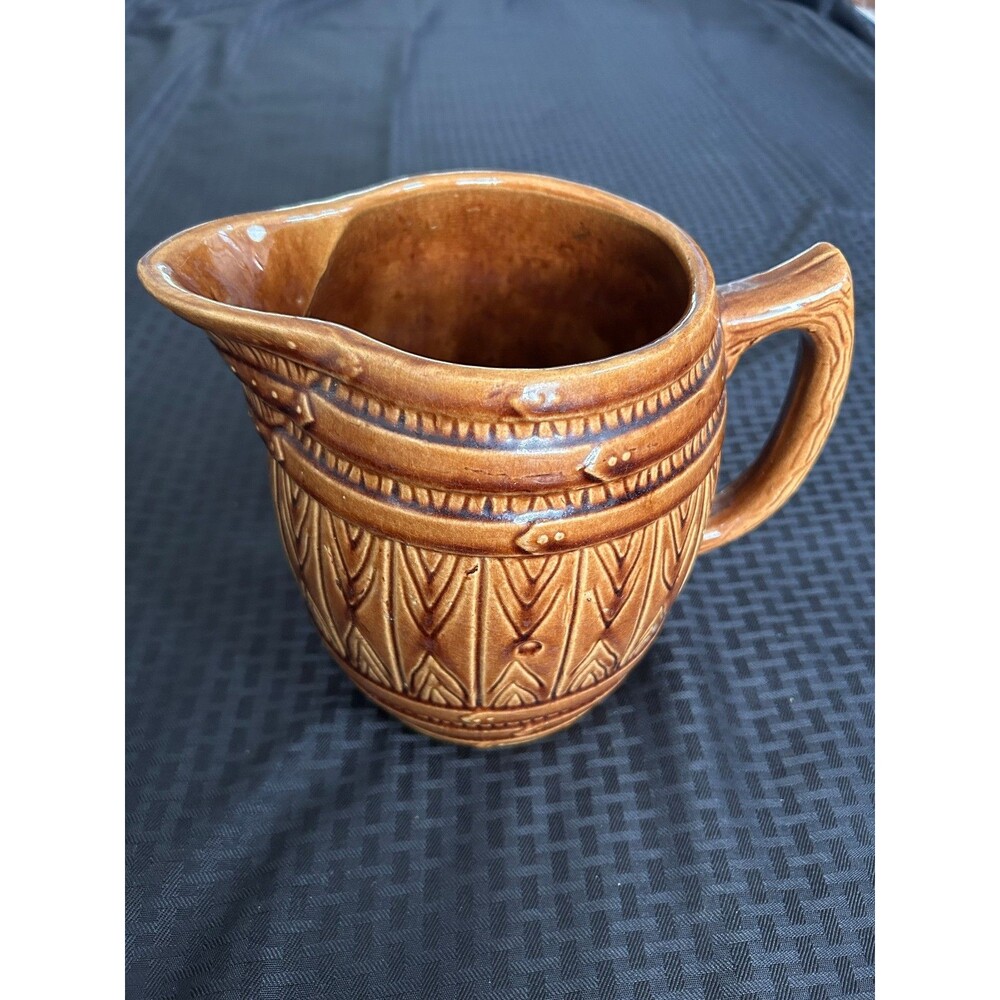 Vintage Brown Glazed Stoneware Pitcher Creamer - Embossed Geometric Pattern